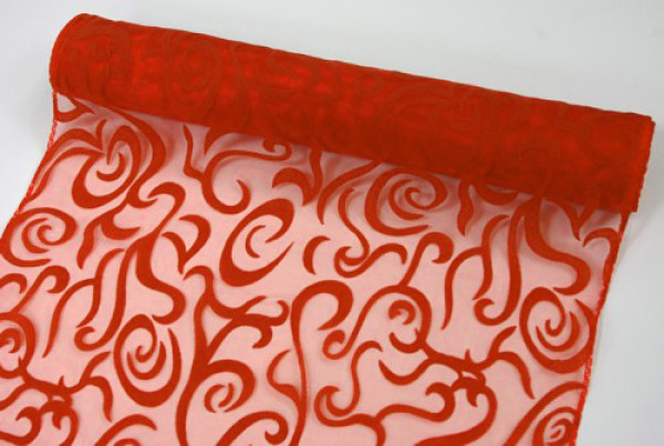 Organzový pás s ornamentem BELA, 38 cm x 8 m - sv.červená (1 ks)