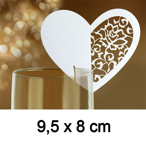 Platzkärtchen, Herz mit perforiertem Ornament - 9,5 x 8 cm - weiß / gold ( 10 St./ Verp.)
