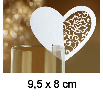 Platzkärtchen, Herz mit perforiertem Ornament - 9,5 x 8 cm - weiß / gold ( 10 St./ Verp.)