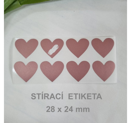 Stírací samolepka srdce 28 x 24 mm - starorůžová (8 ks / bal)