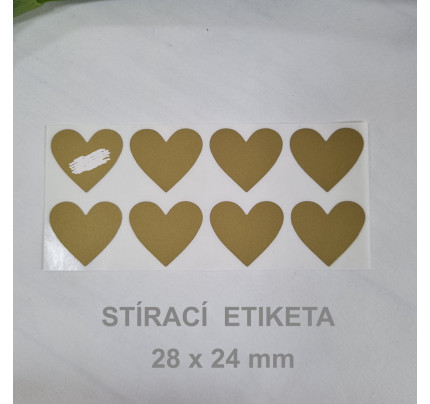Stírací samolepka srdce 28 x 24 mm - zlatá (8 ks / bal)